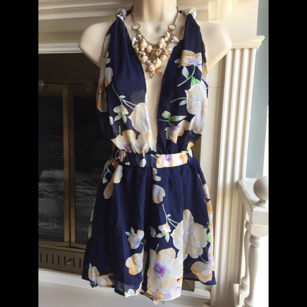 Navy blue floral romper